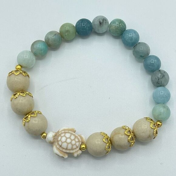 Crystal beaded stretch bracelet ONE NEW white jade turtle Amazonite meditation y - Picture 4 of 9